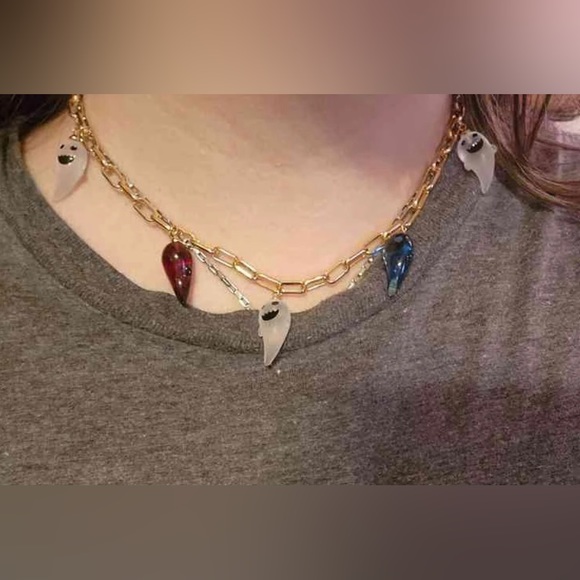 “Happy Lil Ghost” Multicolor Glass Whimsy Halloween Goth Spirit Spectre Necklace - Picture 4 of 7